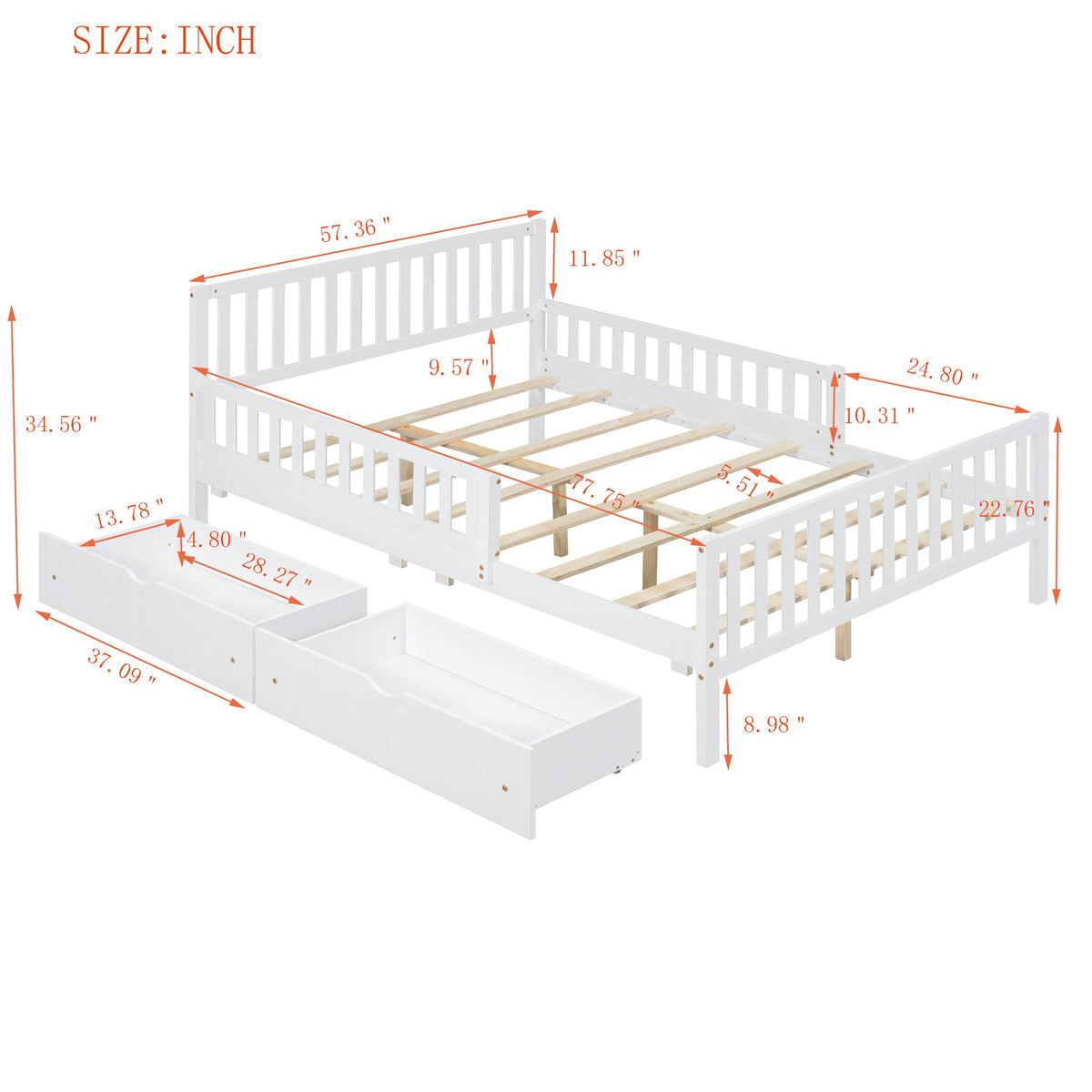 Platform bed in white wood with guardrails on both sides and two drawers, HouseOfZazla bed on Tampa Home & Garden Store