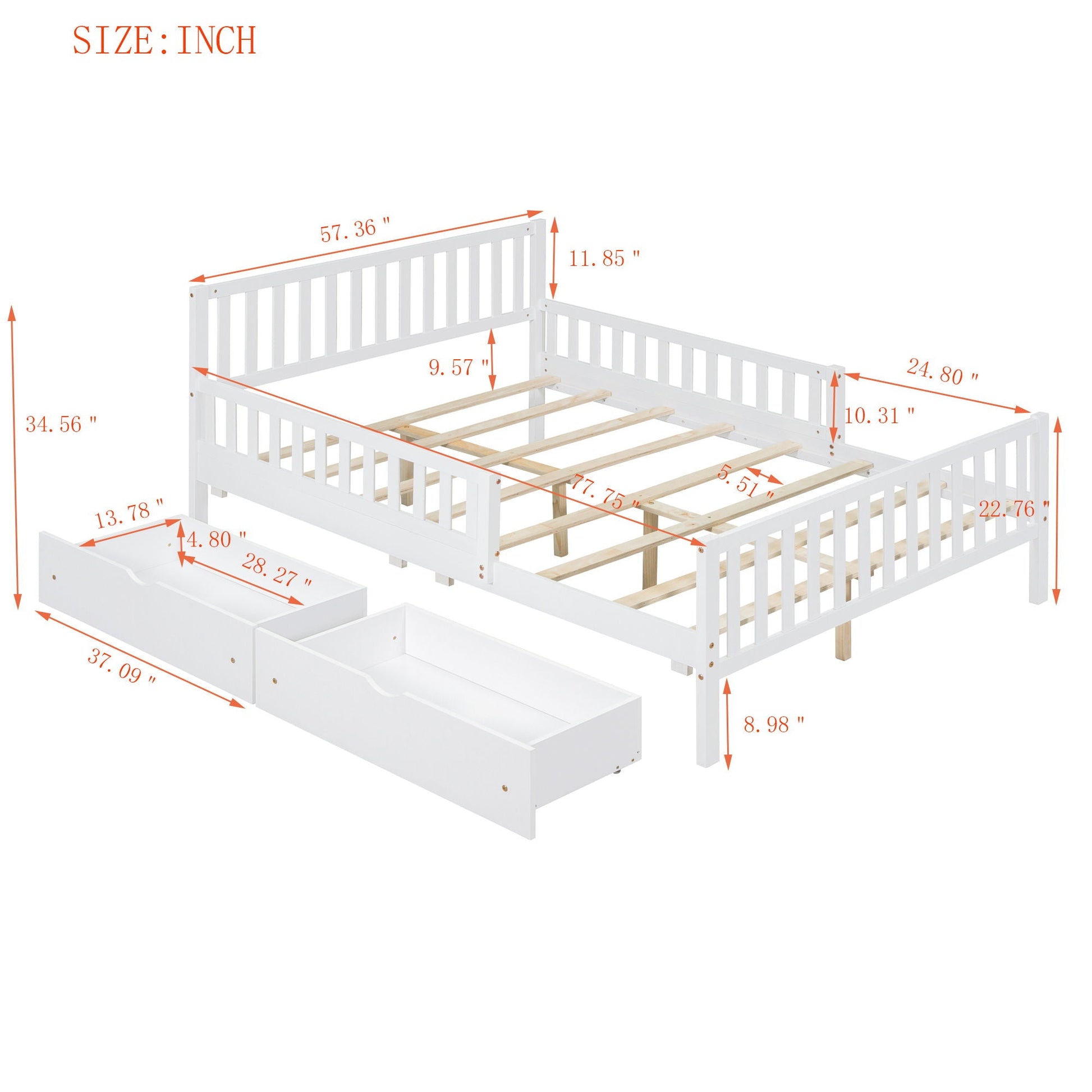 Platform bed in white wood with guardrails on both sides and two drawers, HouseOfZazla bed on Tampa Home & Garden Store