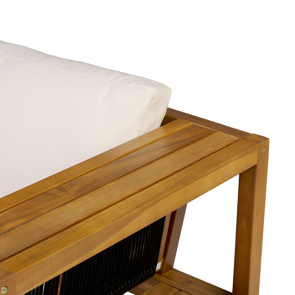 Teak finish acacia wood outdoor daybed sofa with cream cushion and slatted frame on Tampa Home & Garden Store