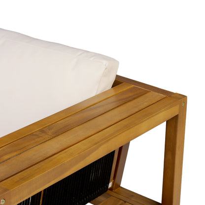 Teak finish acacia wood outdoor daybed sofa with cream cushion and slatted frame on Tampa Home & Garden Store