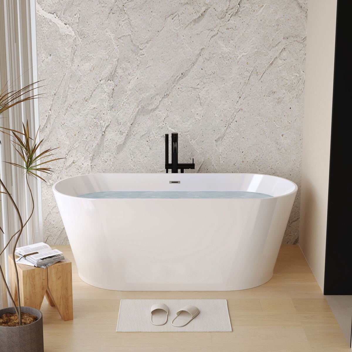 Glossy freestanding tub from HouseOfZazla with black toe-tap drain and black faucet on Tampa Home & Garden Store