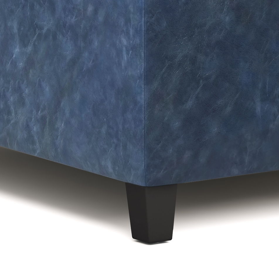 Harrison Tufted Lift Top and Storage Ottoman in blue faux leather with black tapered leg on Tampa Home & Garden Store