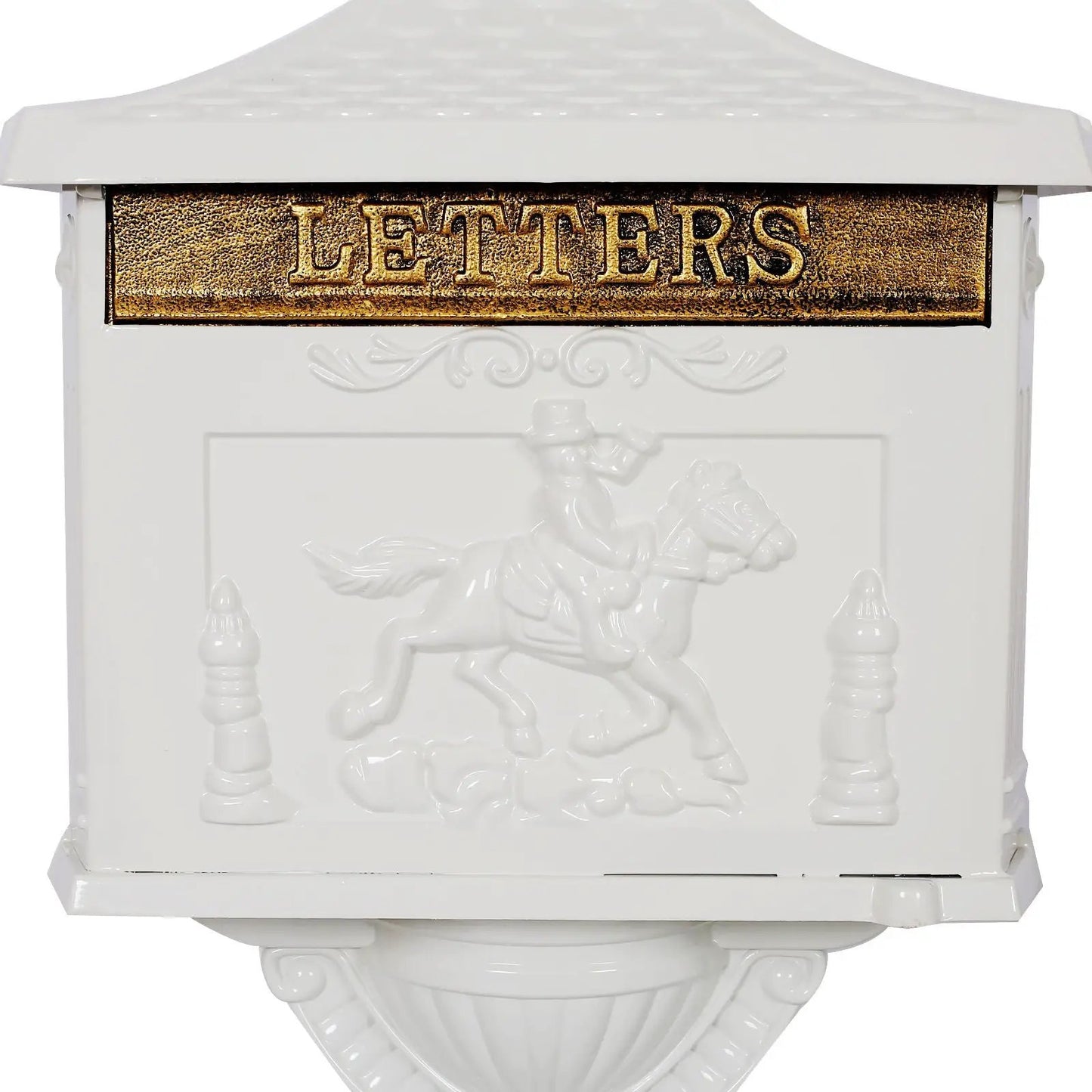 Cast aluminum white mailbox with gold LETTERS plaque and embossed horse motif outdoor decor on Tampa Home & Garden Store