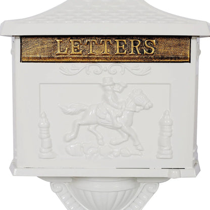 Cast aluminum white mailbox with gold LETTERS plaque and embossed horse motif outdoor decor on Tampa Home & Garden Store