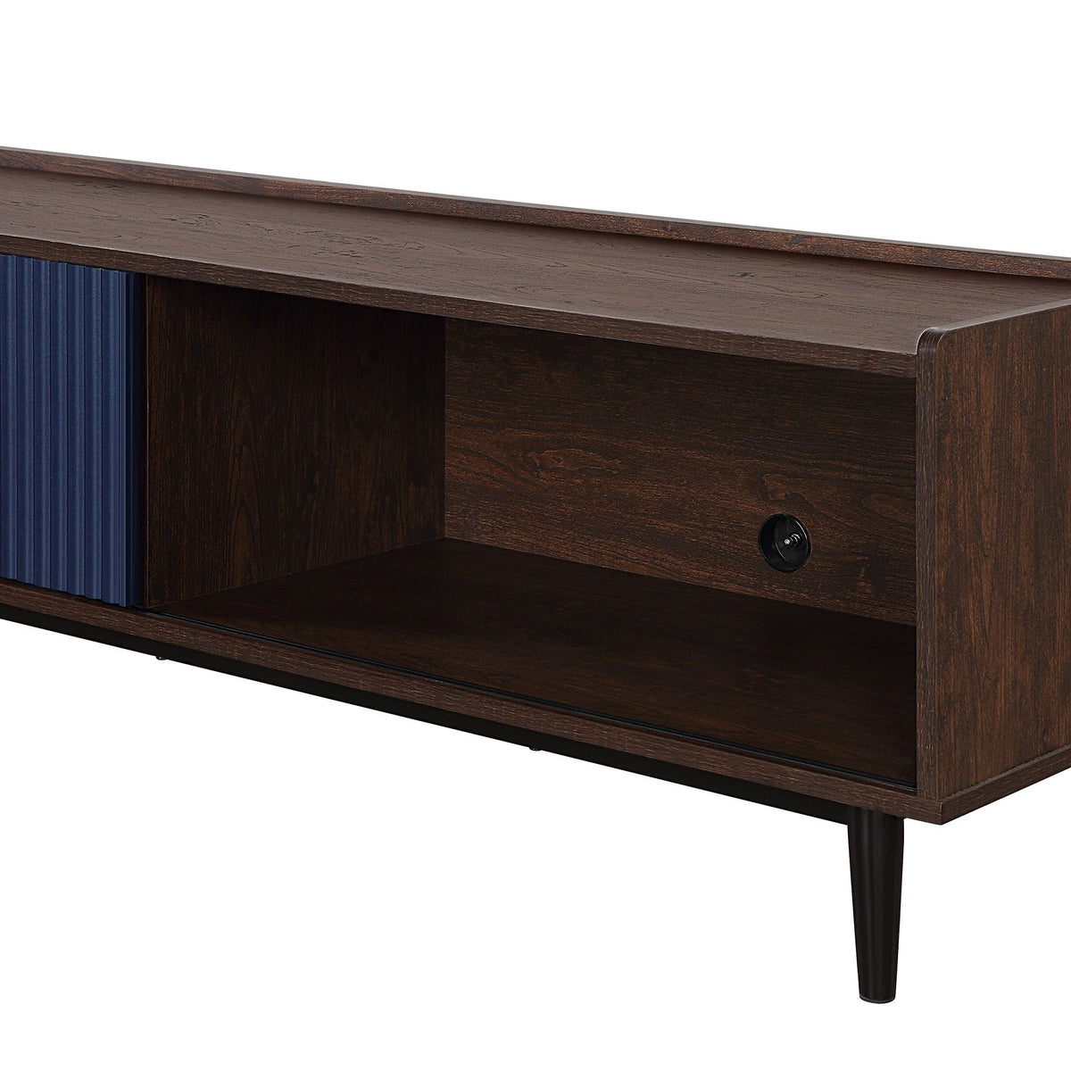 Fluted TV stand with sliding door in dark wood finish and blue panel by HouseOfZazla on Tampa Home & Garden Store