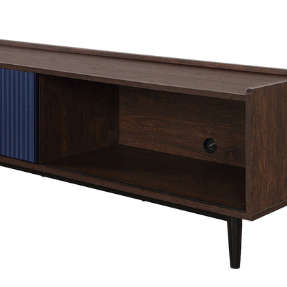 Fluted TV stand with sliding door in dark wood finish and blue panel by HouseOfZazla on Tampa Home & Garden Store