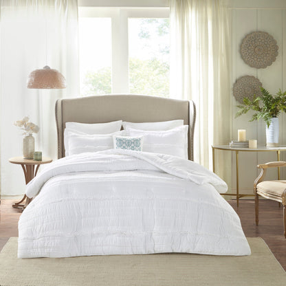 5 Piece Microfiber Ruffled Comforter Set White Queen with quilted stitching on a clean bed on Tampa Home & Garden Store