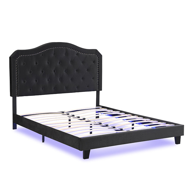 Queen upholstered bed with curved, button-tufted black headboard, LED-lit frame by HouseOfZazla on Tampa Home & Garden Store