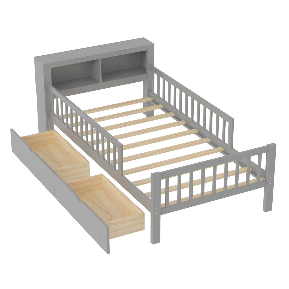 Bed with headboard storage rack gray frame, 2 under-bed drawers, 3 side guardrails HouseOfZazla on Tampa Home & Garden Store