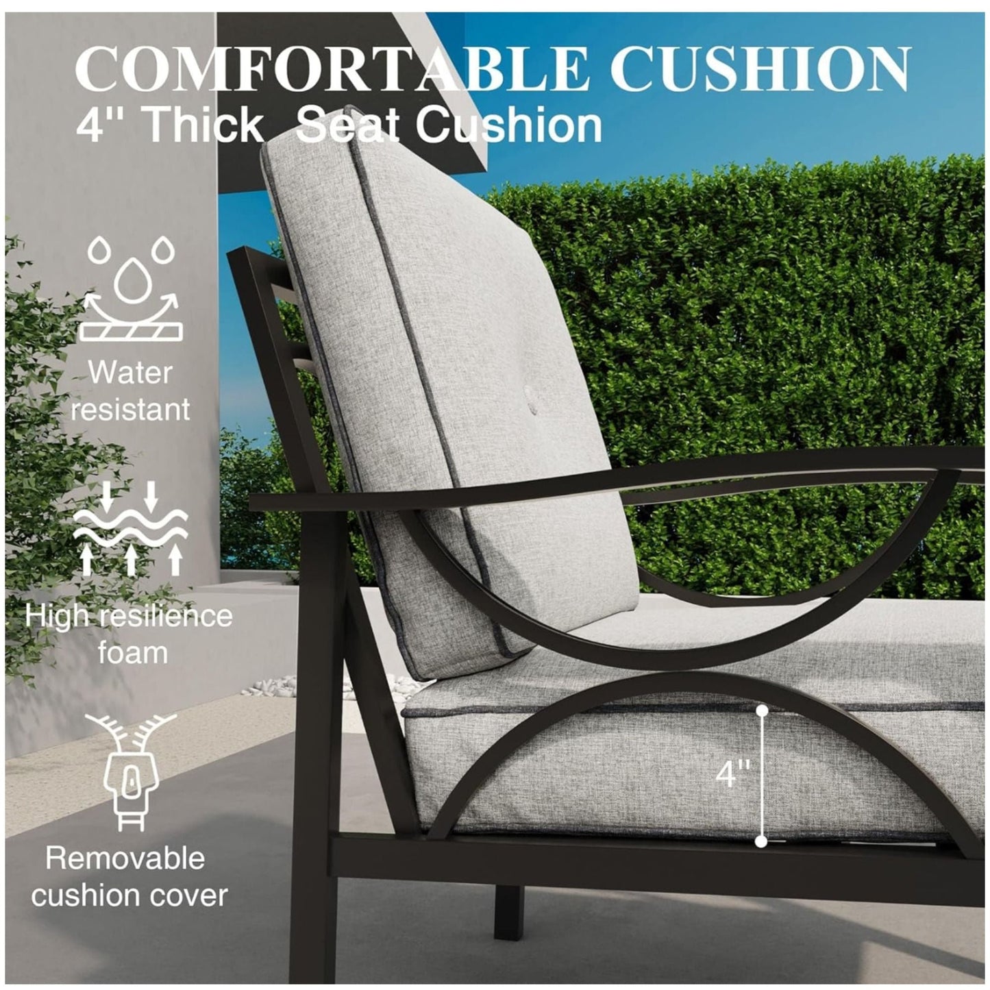 All-Weather Armchairs with Cushions set of 2 in light grey fabric with dark metal frame on Tampa Home & Garden Store