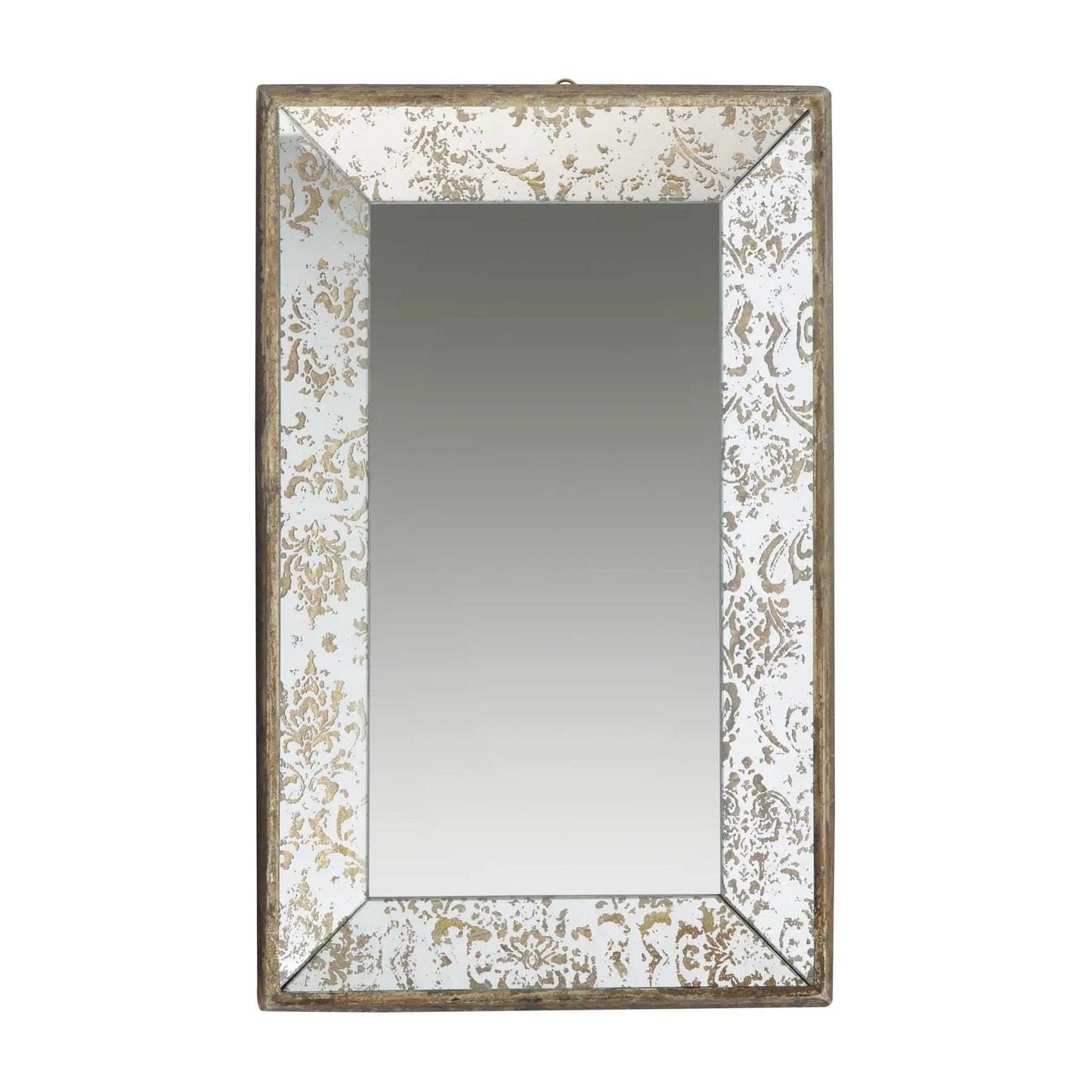 Antique rectangle wall mirror with distressed white and gold floral frame and mirrored tray on Tampa Home & Garden Store