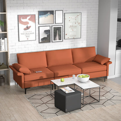 Sofá seccional grande de 3 plazas con patas de metal y 2 puertos USB para 3-4 personas - Rojo