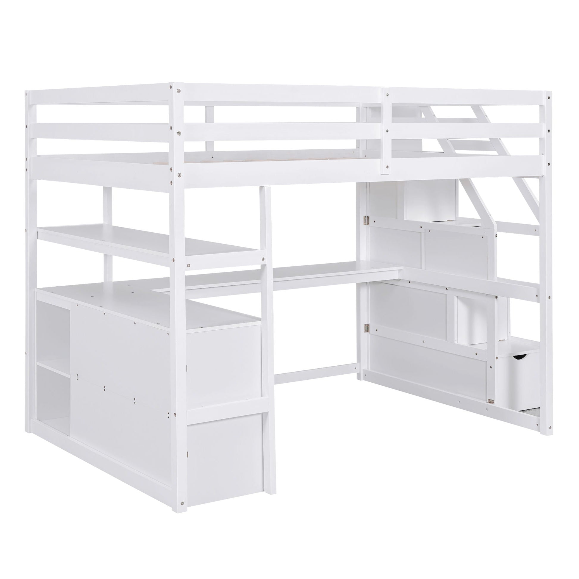 Loft bed with desk, shelves, 2 drawers and storage staircase in white finish on Tampa Home & Garden Store