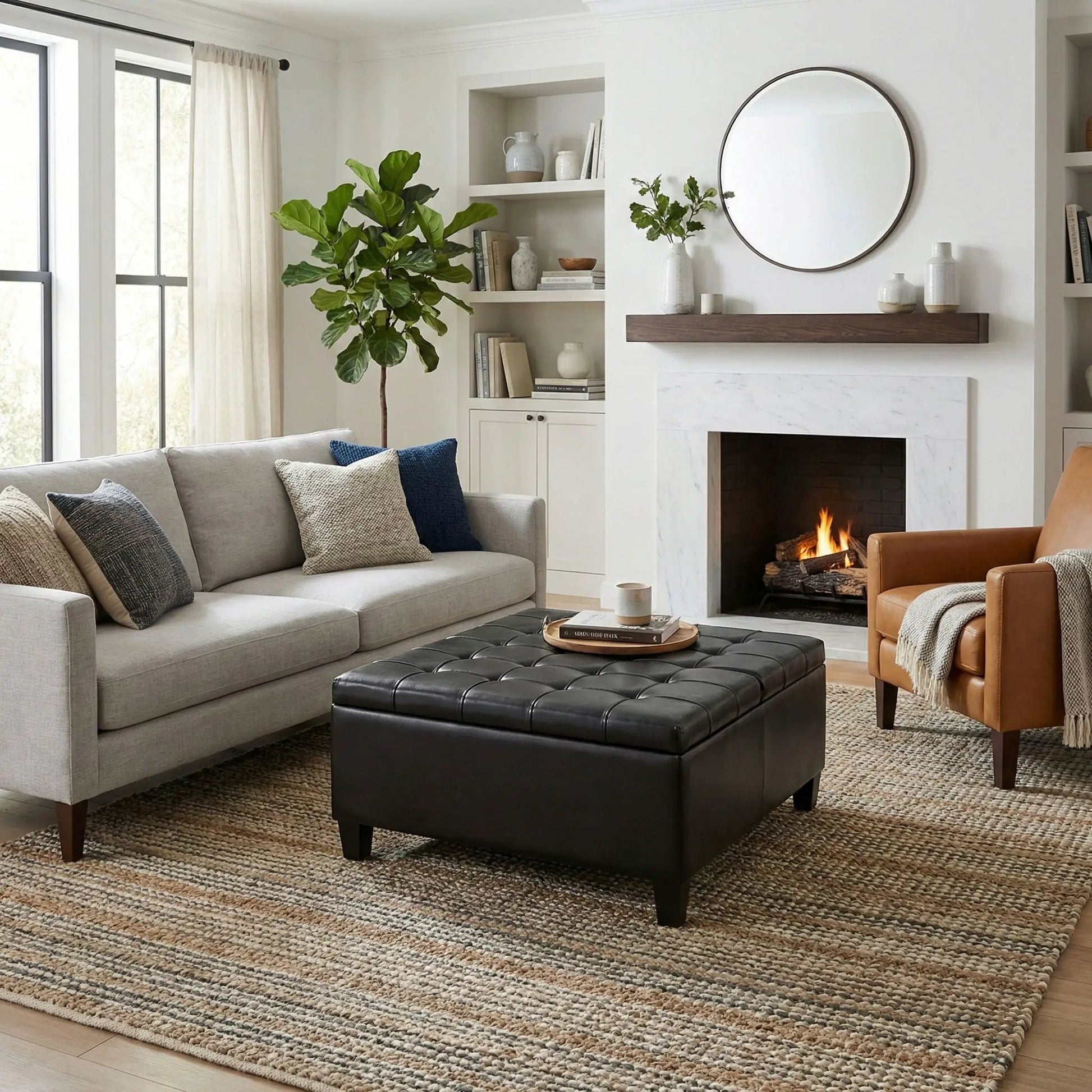 Harrison Large Coffee Table Storage Ottoman, black tufted leather, Unique Piece Furniture on Tampa Home & Garden Store
