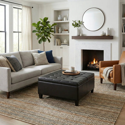 Harrison Large Coffee Table Storage Ottoman, black tufted leather, Unique Piece Furniture on Tampa Home & Garden Store