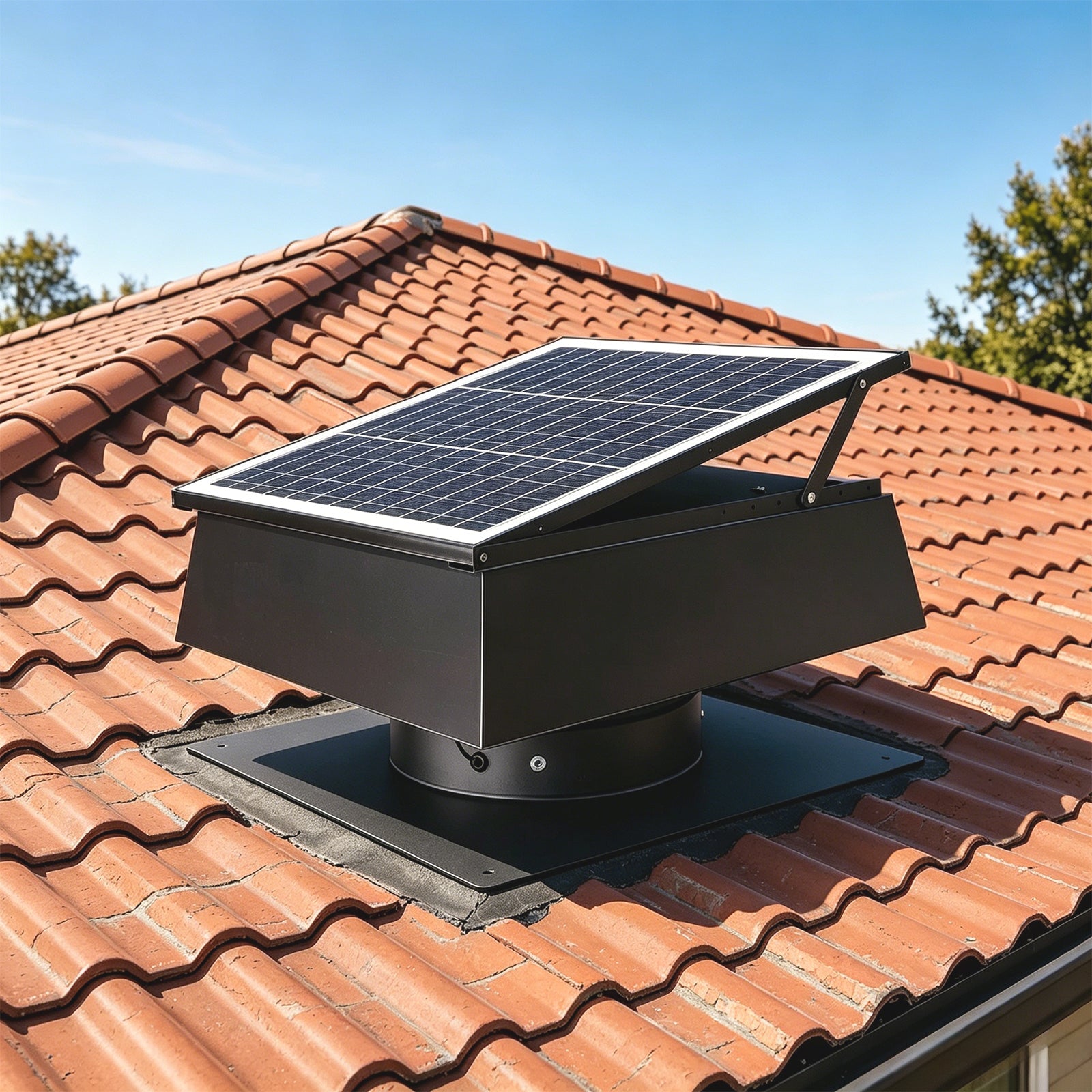 12 Inch Trapezoidal Adjustable Solar Roof Vent Fan with black metal housing and solar panel on Tampa Home & Garden Store