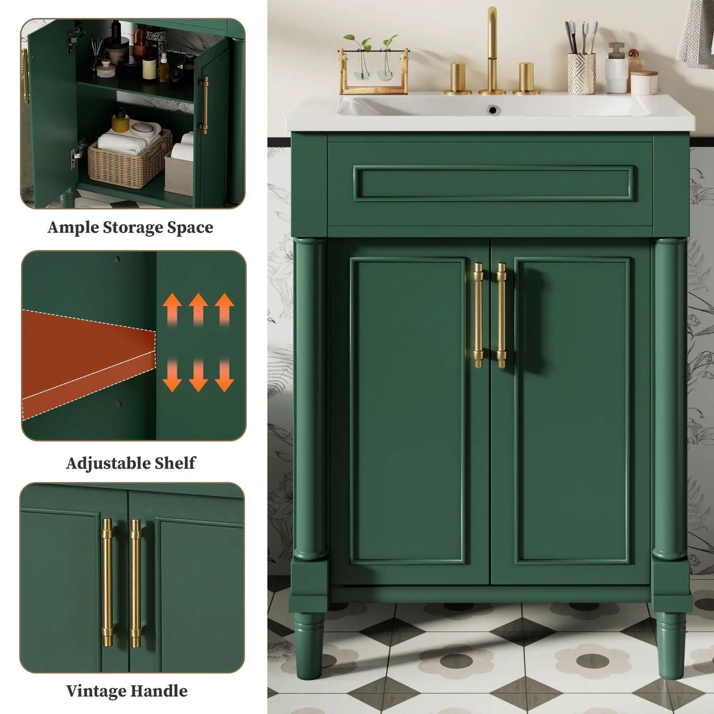 Green bathroom vanity with integrated sink, 2-door cabinet, brass handles Unique Piece Furniture on Tampa Home & Garden Store