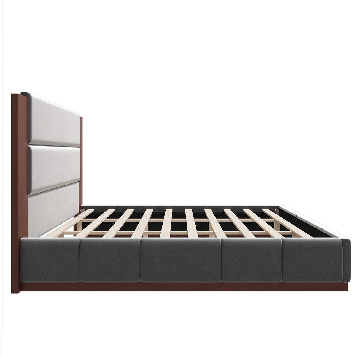 Modern upholstered platform bed with extended headboard, dark wood frame and light gray panels on Tampa Home & Garden Store