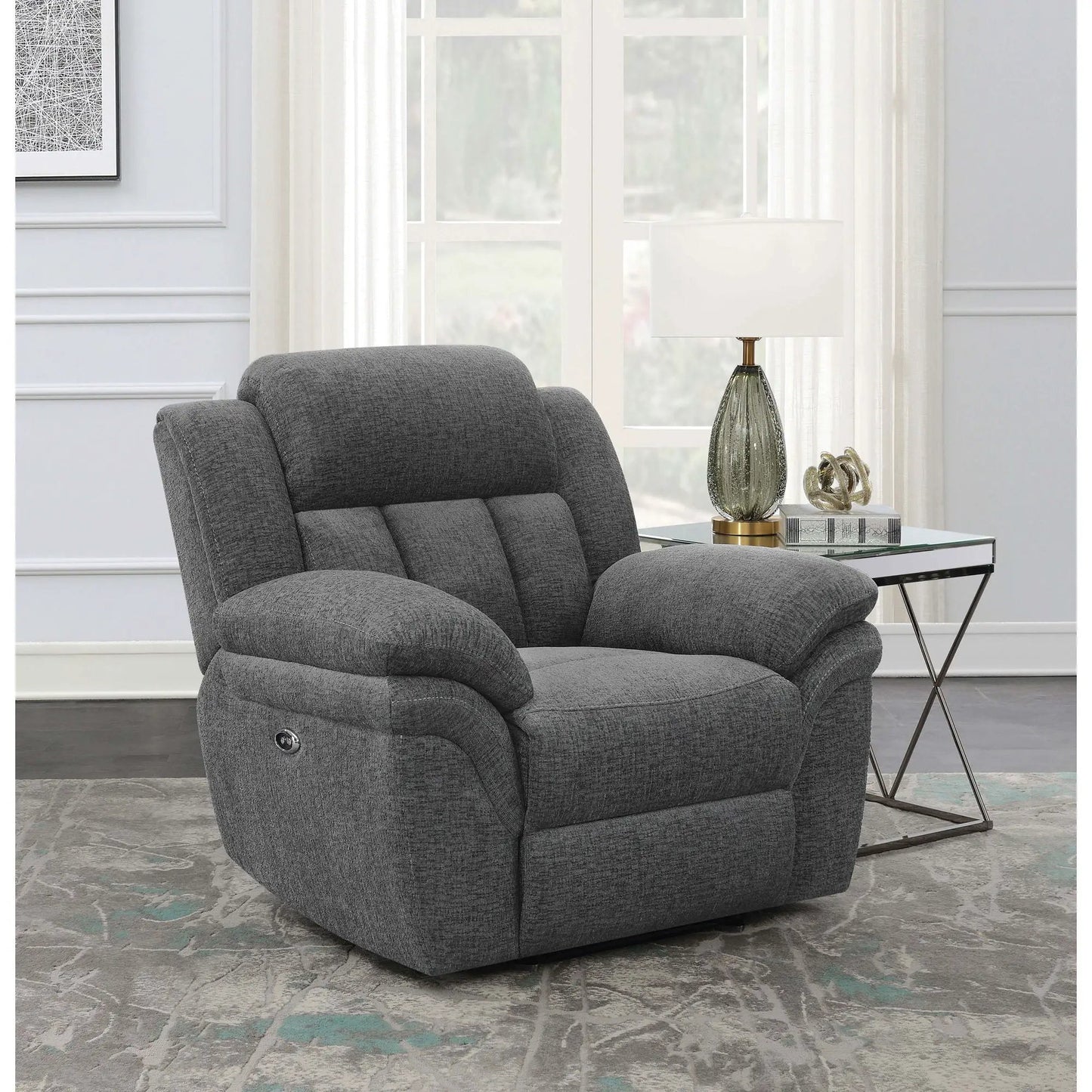 Pannen - Glider Recliner in gray fabric with plush cushions in a modern living room on Tampa Home & Garden Store