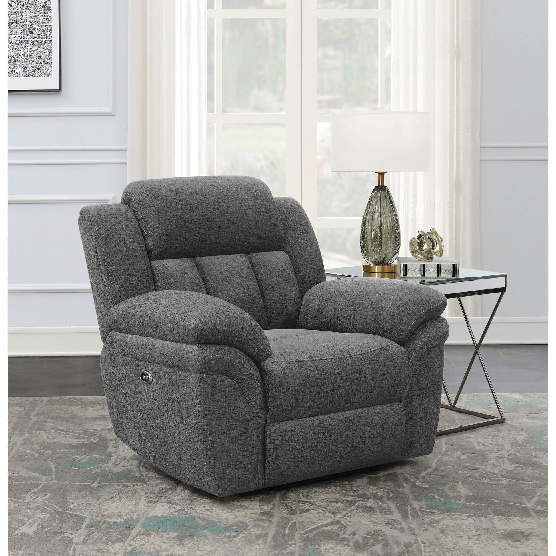 Pannen - Glider Recliner in gray fabric with plush cushions in a modern living room on Tampa Home & Garden Store