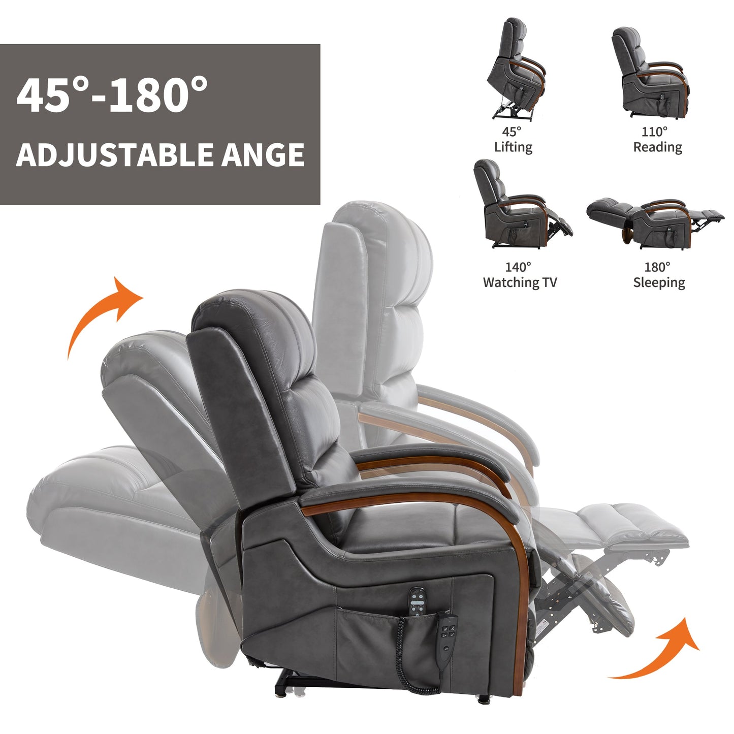 Power Dark Recliner Chair by HouseOfZazla in dark gray leather with wood armrests on Tampa Home & Garden Store