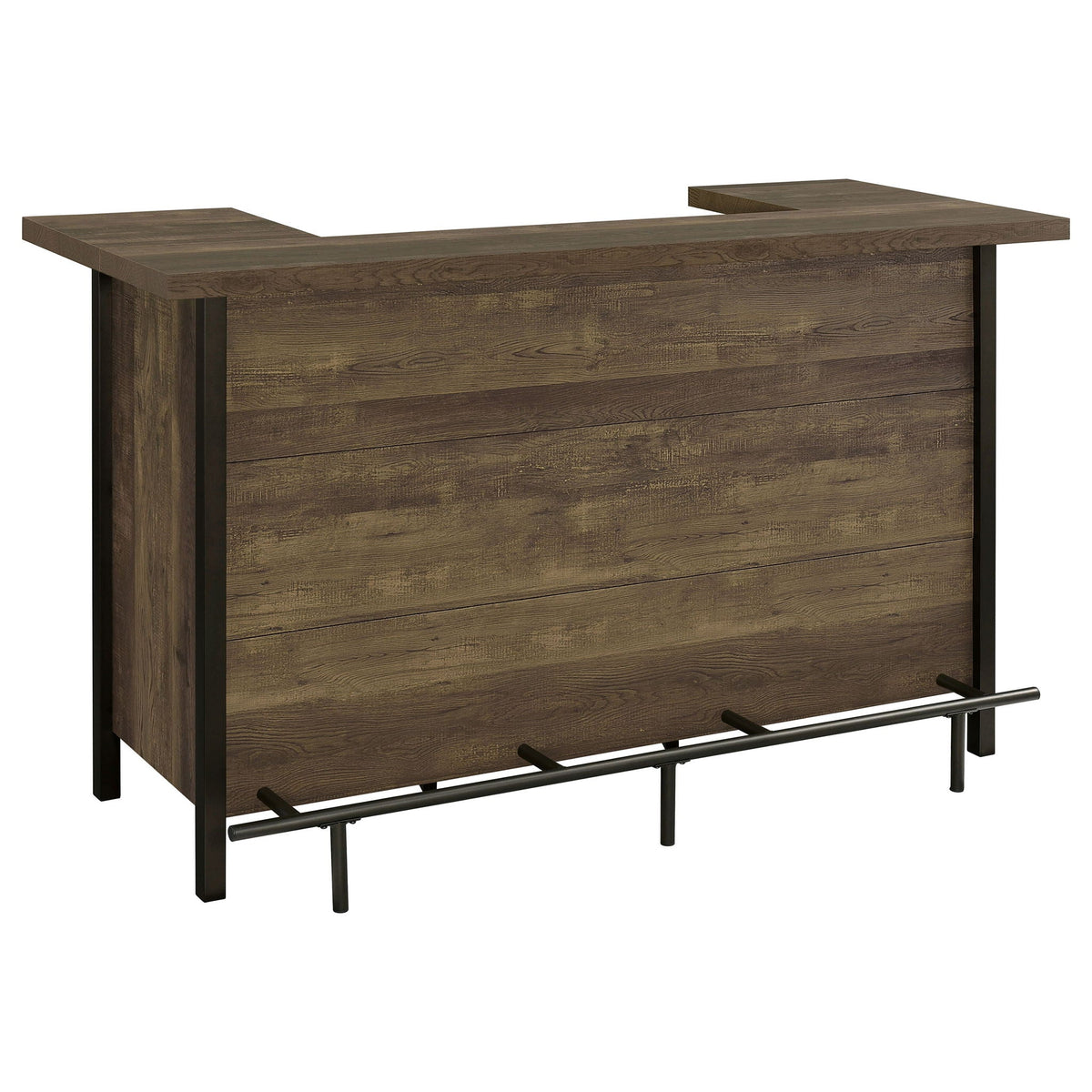Lampton freestanding oak home bar with dark metal legs and foot rail on Tampa Home & Garden Store