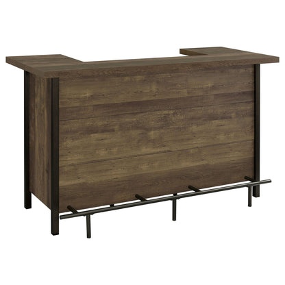 Lampton freestanding oak home bar with dark metal legs and foot rail on Tampa Home & Garden Store
