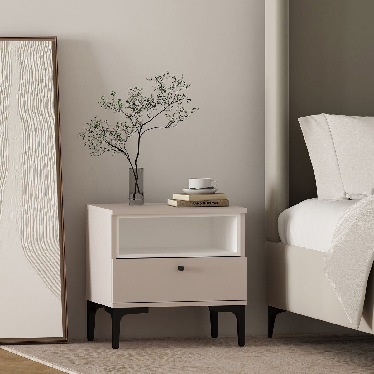 Amara accent nightstand with 1 drawer, beige finish and black metal legs by HouseOfZazla on Tampa Home & Garden Store