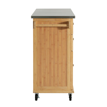 Bamboo Rolling Kitchen Island with Steel Top