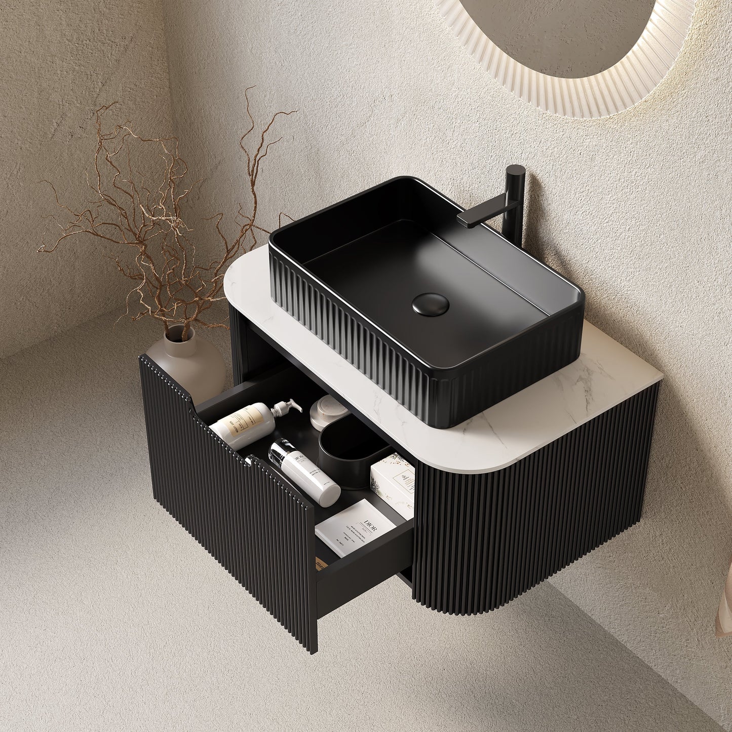 DINA 30in floating bathroom vanity by HouseOfZazla with black ribbed cabinet and marble top on Tampa Home & Garden Store