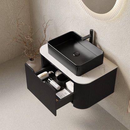 DINA 30in floating bathroom vanity by HouseOfZazla with black ribbed cabinet and marble top on Tampa Home & Garden Store