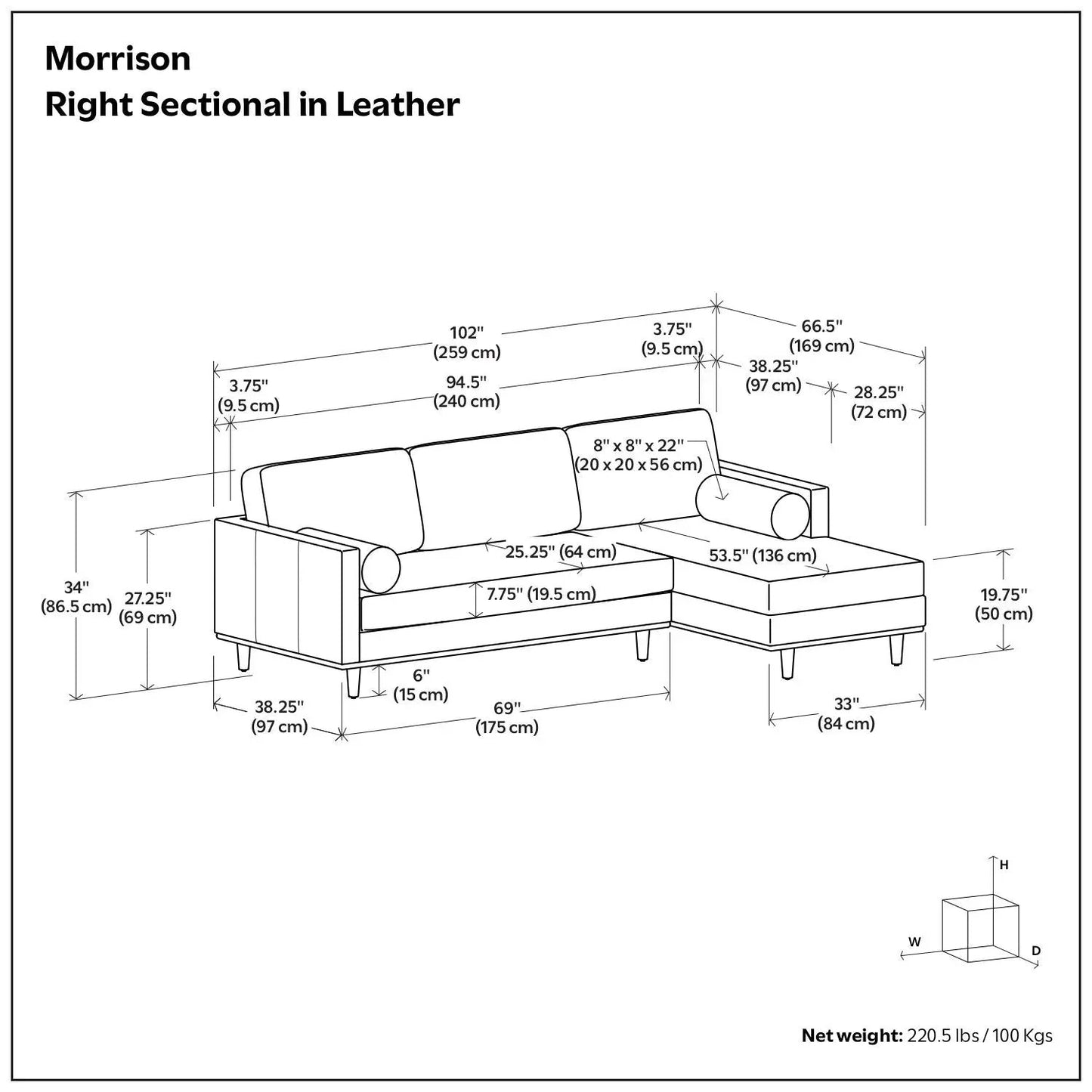 Morrison right leather sectional by Unique Piece Furniture; dimensioned sofa schematic on Tampa Home & Garden Store
