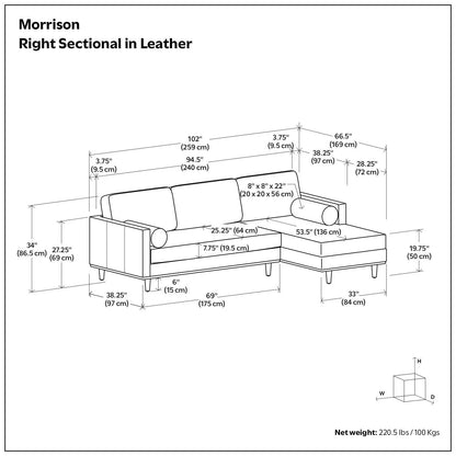 Morrison right leather sectional by Unique Piece Furniture; dimensioned sofa schematic on Tampa Home & Garden Store