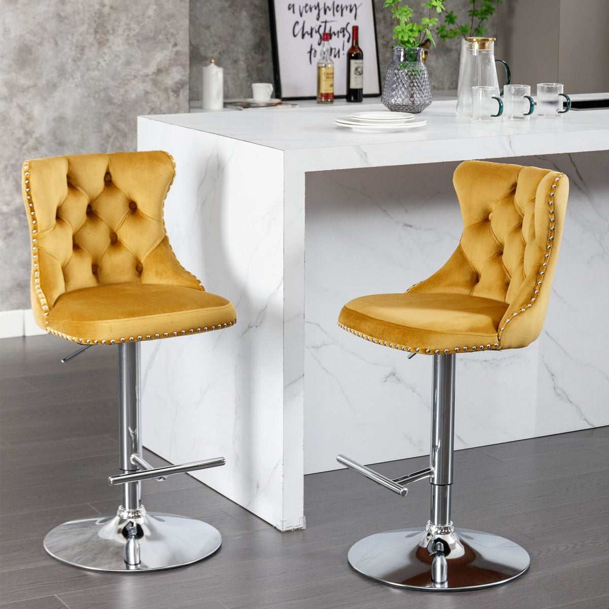 Mustard yellow tufted swivel bar stools with chrome bases, adjustable height, set of 2 on Tampa Home & Garden Store