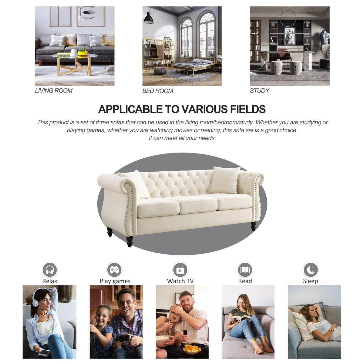 Chesterfield Sofa With Nailhead Trim and Cushions