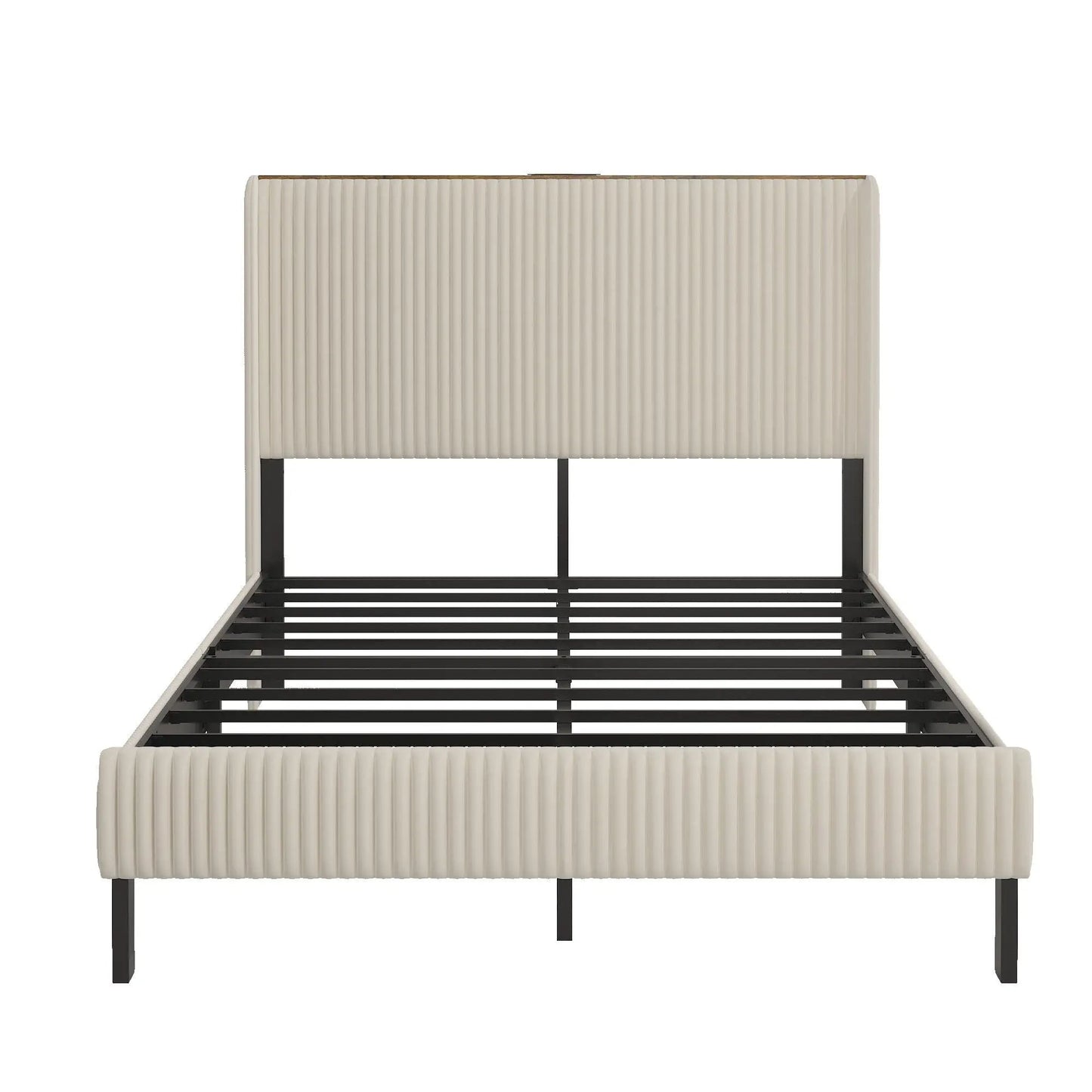 Platform bed with cream upholstered headboard and black metal frame, charging station on Tampa Home & Garden Store