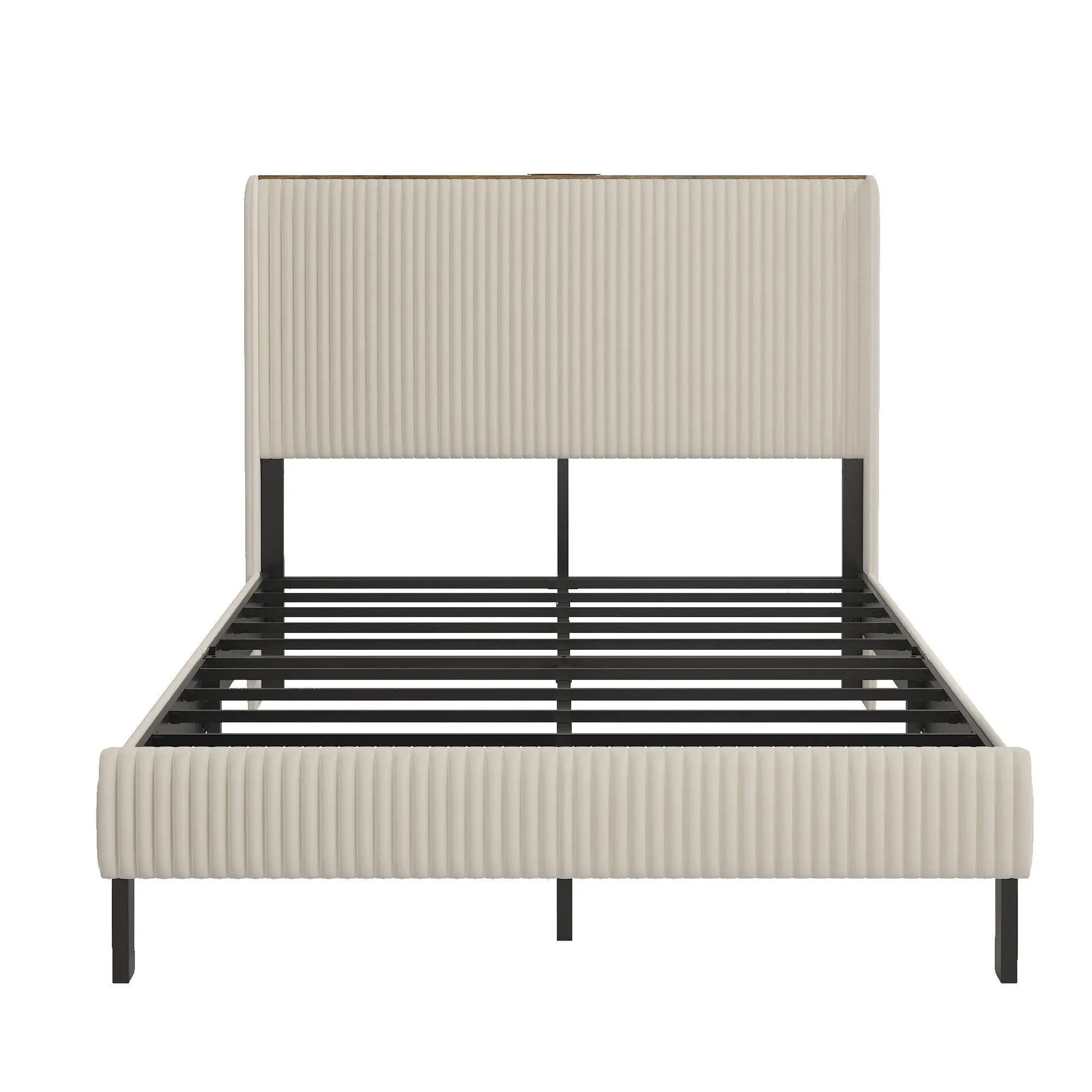 Platform bed with cream upholstered headboard and black metal frame, charging station on Tampa Home & Garden Store