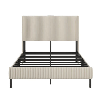 Platform bed with cream upholstered headboard and black metal frame, charging station on Tampa Home & Garden Store