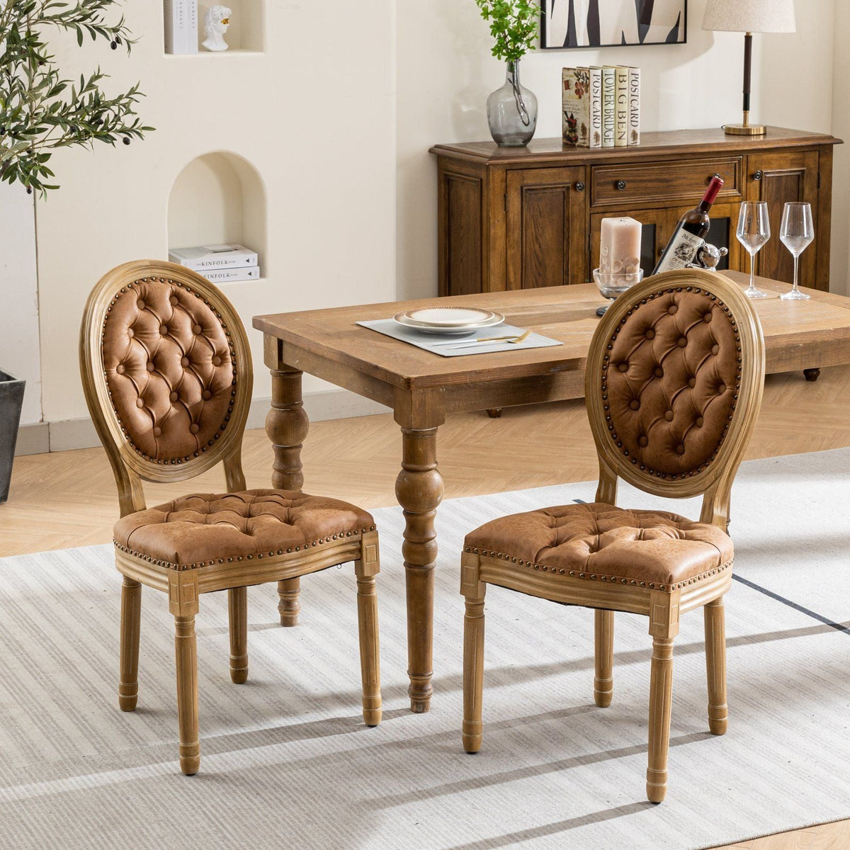 French Style Solid Wood Dining Chair with Nailhead Trim, brown tufted leather seating pair on Tampa Home & Garden Store