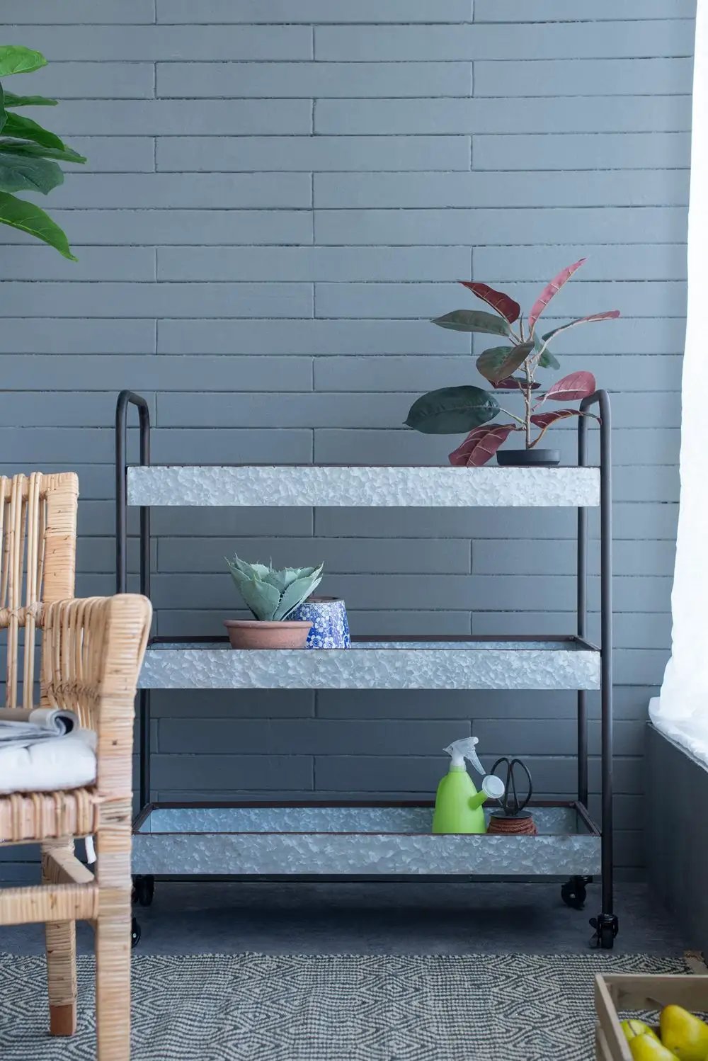Homestead Galvanized 3-Tier Shelf in metallic gray with black frame on casters top plant on Tampa Home & Garden Store
