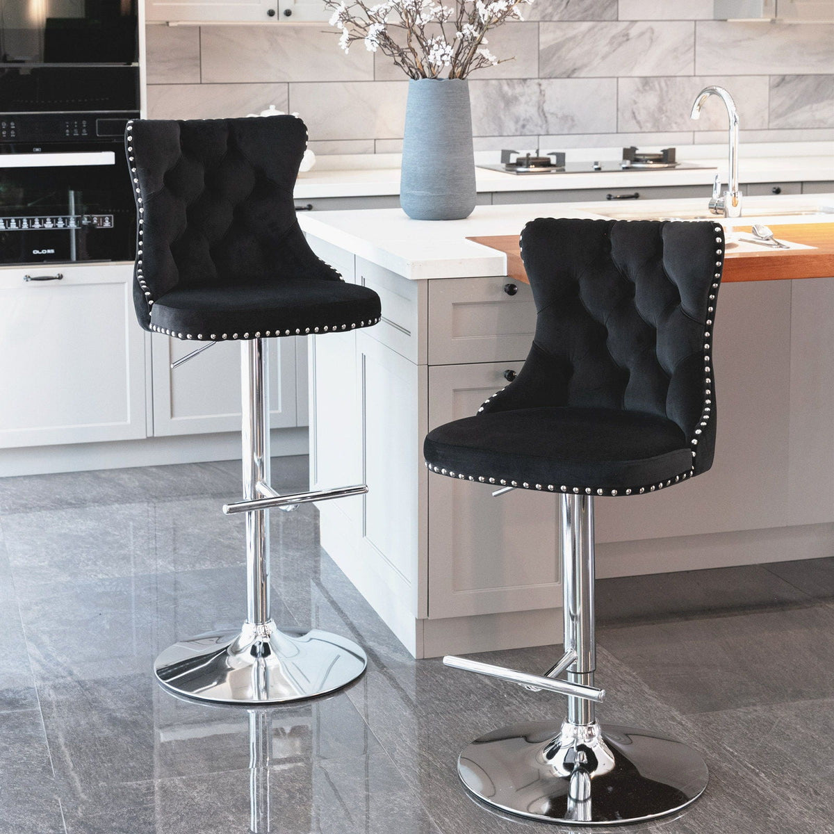 Swivel adjustable-height barstools set of 2, black tufted upholstery, chrome bases on Tampa Home & Garden Store