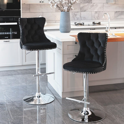 Swivel adjustable-height barstools set of 2, black tufted upholstery, chrome bases on Tampa Home & Garden Store