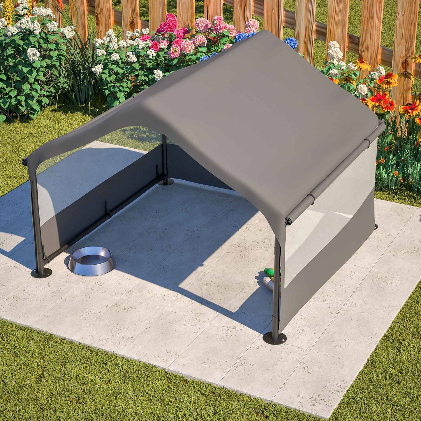 GemGear extra large outdoor dog shelter tent 4x4x3ft with gray canopy and mesh windows on tiled patio on Tampa Home & Garden Store