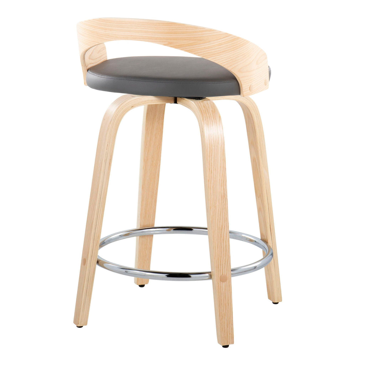 Contemporary counter stool set with dark gray cushioned seat, wood frame and chrome footrest on Tampa Home & Garden Store