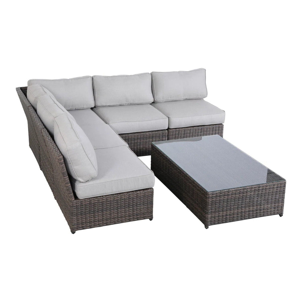 2-piece rattan sectional set with gray cushions and glass-top table on Tampa Home & Garden Store