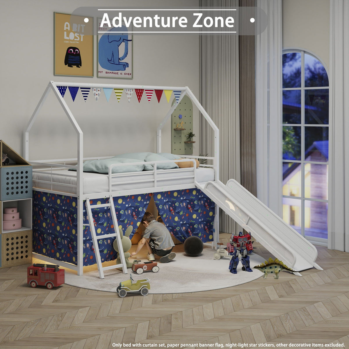 Jack loft bed with slide and curtain set by HouseOfZazla, white frame on Tampa Home & Garden Store