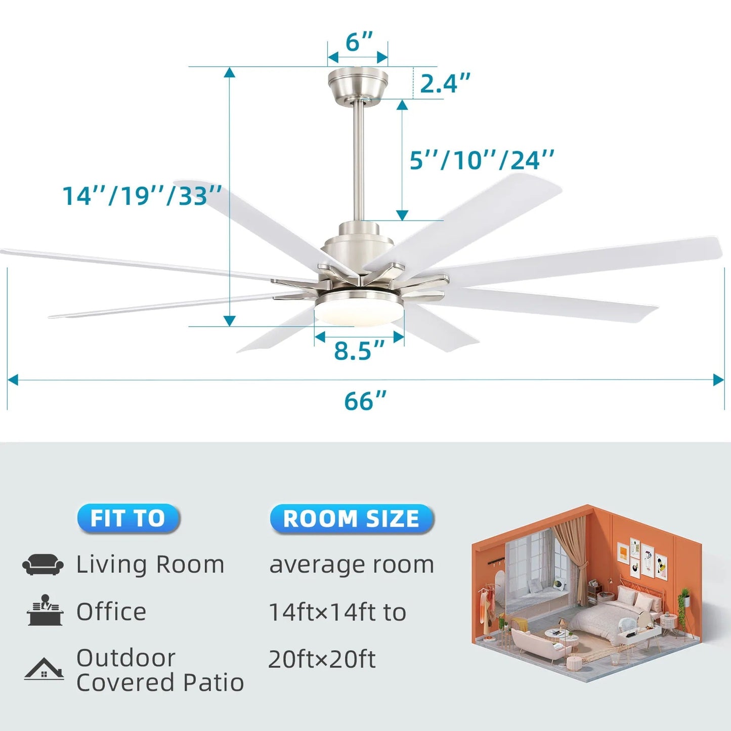Ceiling fan HouseOfZazla with dimmable LED light, 8 blades, reversible DC motor, remote control on Tampa Home & Garden Store