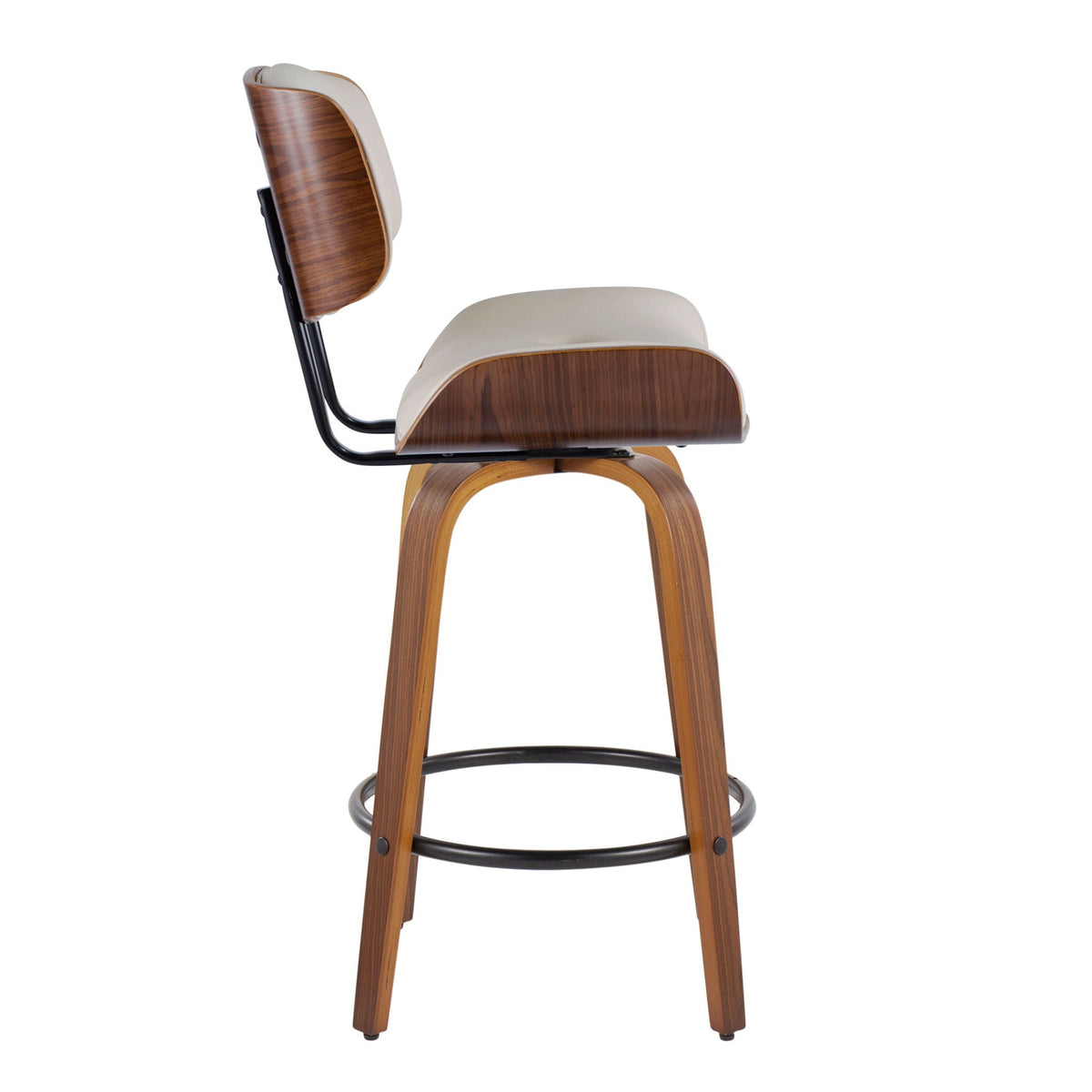 Mid-Century Modern Counter Stool set of 2 with swivel & footrest, beige cushion, walnut veneer back, black frame on Tampa Home & Garden Store
