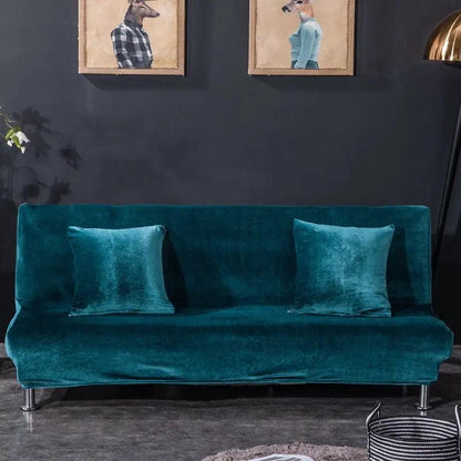All-inclusive Silver Fox Velvet armless folding sofa bedspread on teal velvet sofa with two cushions on Tampa Home & Garden Store