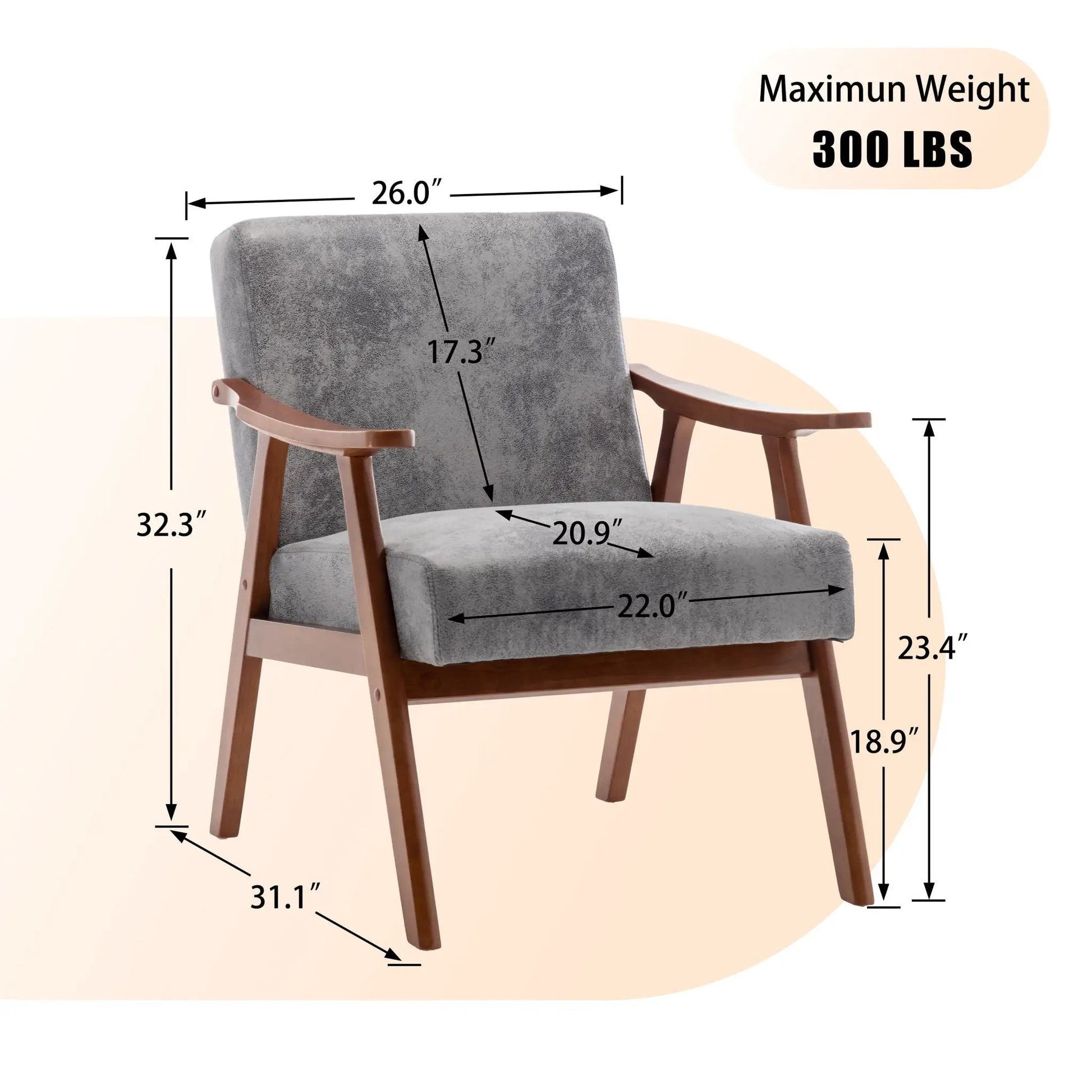 Mid Century Modern Accent Chair with solid wood frame and extra thick backrest in gray upholstery on Tampa Home & Garden Store